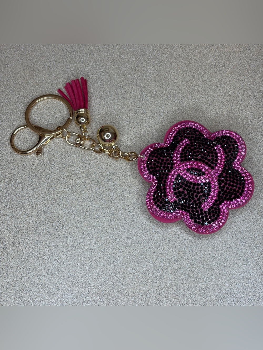 Pink Rhinestone Camellia Flower Keychain / Purse Charm - Picture 2 of 7